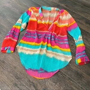Lucy Love Tie Dye Rainbow Colored Sheer Blouse Top Long Sleeve Vneck Peace